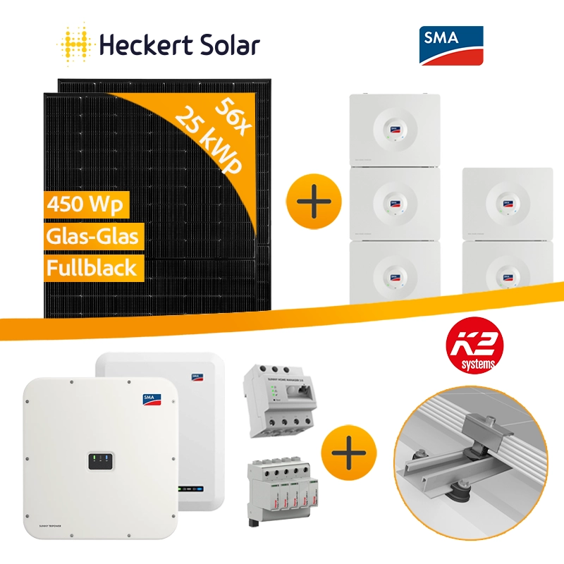 25 kWp Heckert Solar PV-Anlage + SMA Wechselrichter + Speicher für Trapezblech