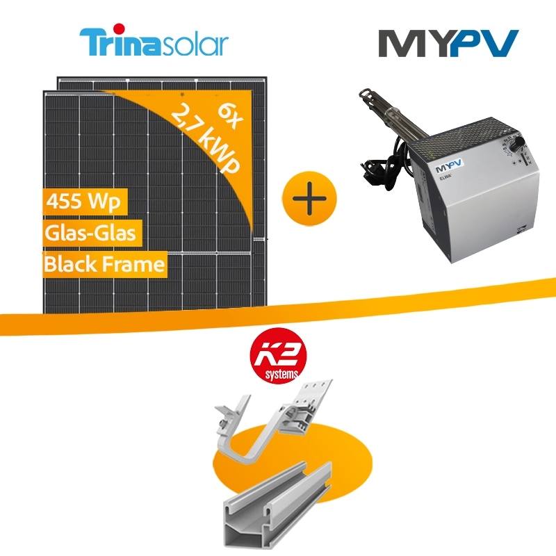 Photovoltaik Komplettanlage mit Trina Solar Black Frame Modul und my-pv Heizstab inklusive K2 Montagesystem für Satteldach